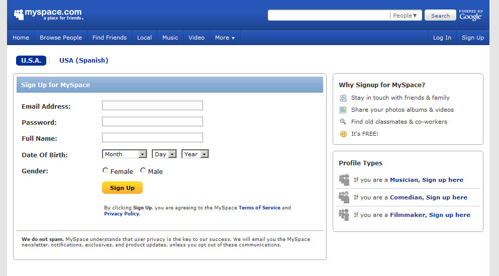 Setting up a MySpace Account
